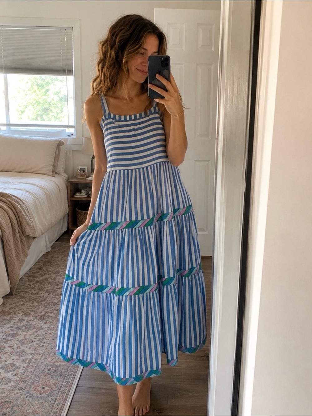 Oliphant Blue Stripe Tiered Midi Dress NWT Medium 100% Cotton Lined
